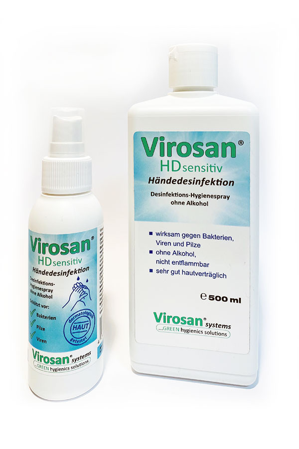 Virosan® HD sensitiv, alkoholfreie Händedesinfektion, 100 ml Sprühflasche,  500ml, 5 Liter